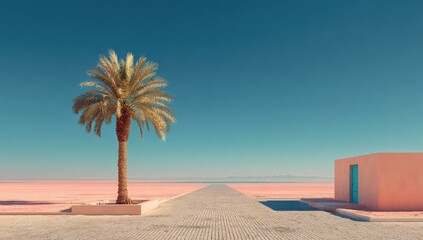 Minimalist desert scene; single palm tree, path leading to pink building under clear sky