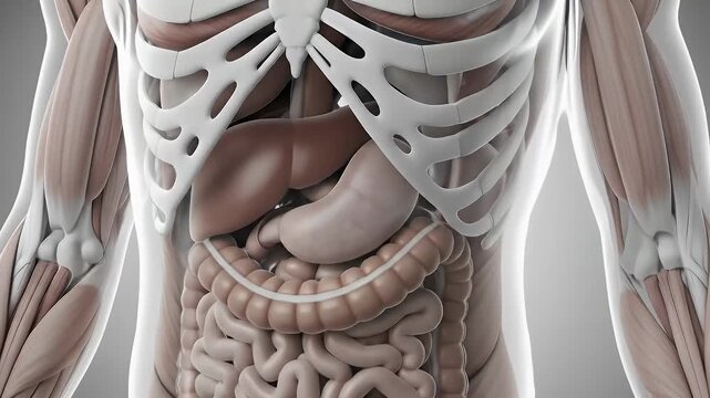 Detailed anatomical model showcasing the human digestive system within the rib cage and abdomen.