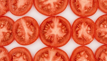 Slices of vibrant, freshly cut red tomatoes, arranged in a captivating overhead shot, showcasing the natural beauty and freshness of this culinary essential.