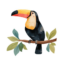 Watercolor Toucan Perched on Branch with Lush Green Leaves