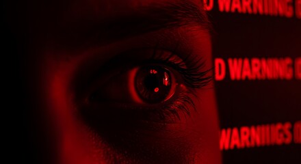 Intense Red Light Illuminates Eye Reflecting Digital Warning Text