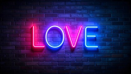 Neon "LOVE" sign on a dark brick wall; pink and blue hues