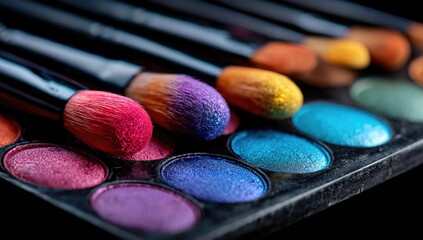 Close-up of colorful eyeshadow palettes and makeup brushes