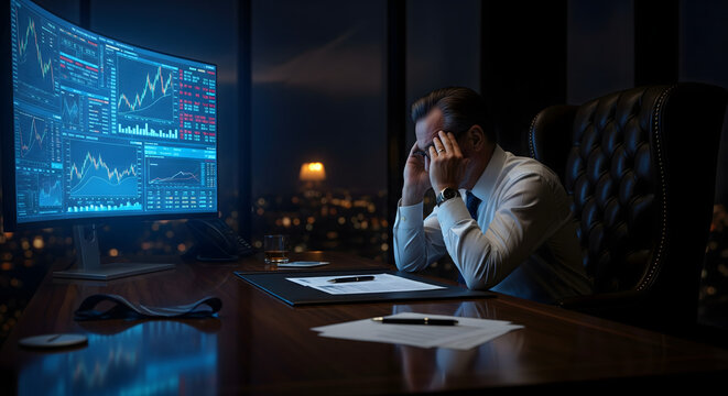 A businessman stressed in front of a computer screen displaying financial data 