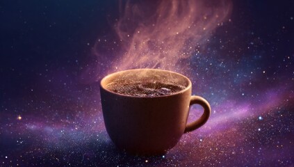 A cup of coffee amidst a starry, nebula-like cosmic backdrop, with swirling, ethereal smoke