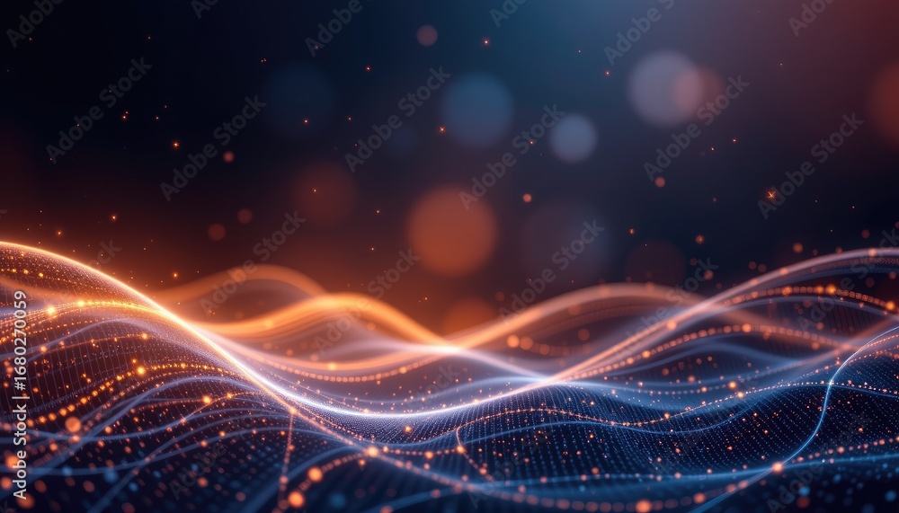 Poster abstract colorful waves of light with glowing particles and soft bokeh background for digital or cre