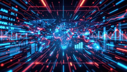 Obraz premium Futuristic Data Visualization of Global Financial Markets with Dynamic Blue and Red Light Effects