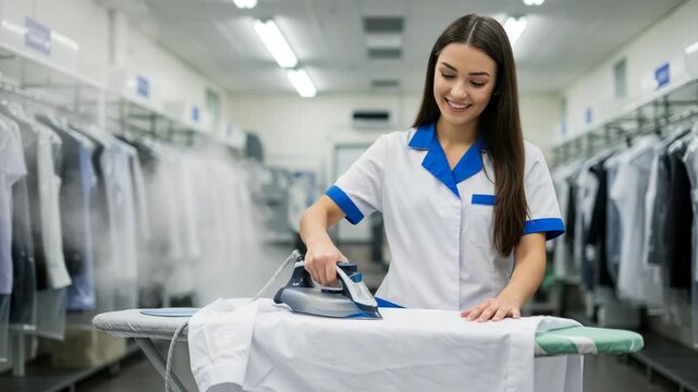 Woman ironing a white shirt at a dry cleaning business