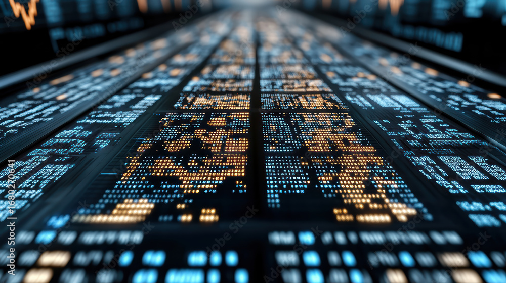 Poster digital data visualization, abstract technology, glowing grid pattern, futuristic design