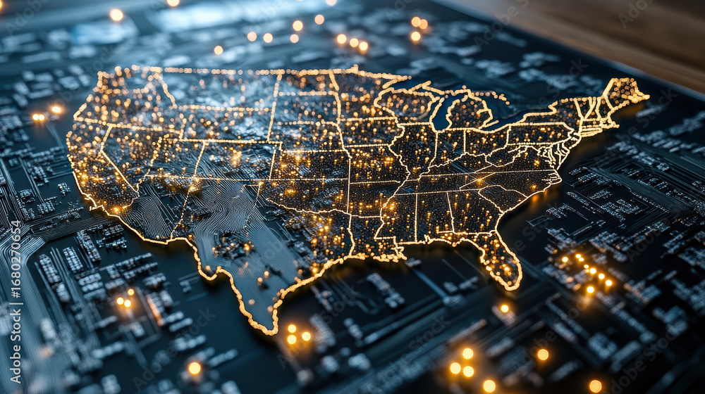 Poster digital map of united states with glowing circuit patterns and lights, symbolizing technology