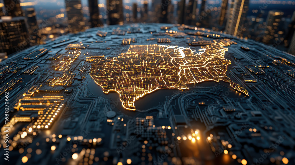 Poster digital map illuminated circuit board cityscape technology urban planning data visualization