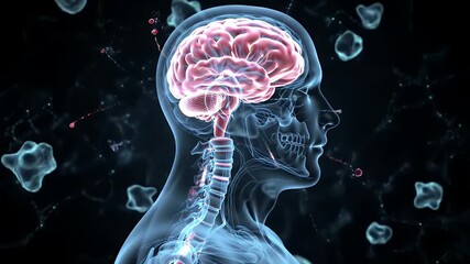 Detailed 3D Anatomical Illustration of Transparent Human Head with Vibrant Red Brain and Spinal Cord Floating Against Black Background Perfect for Medical Education and Mental Health Awareness