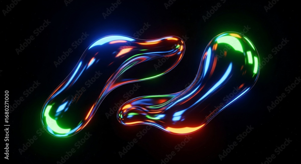 Aufkleber 3d rendering of liquid abstract forms with holographic reflections on black background.