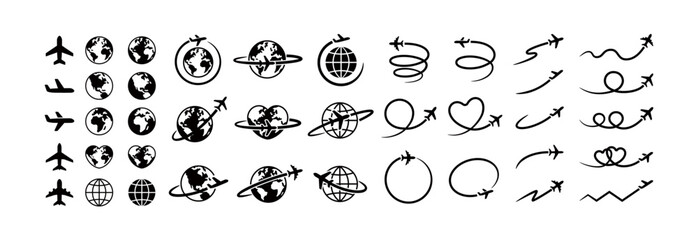 Simple Earth and Airplane Icons, Calligraphic Flight Path Line Set