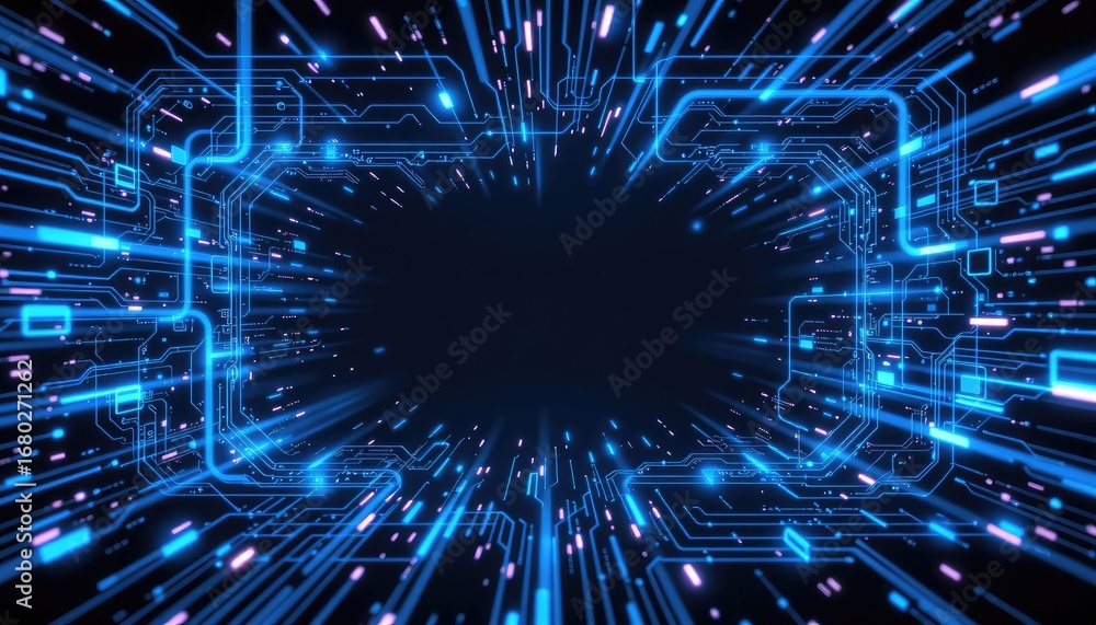 Poster futuristic technology background with neon lines and circuit patterns in dark space