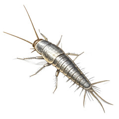 Fototapeta premium Silverfish isolated on transparent background, a wingless insect known for its metallic appearance