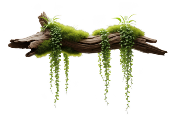 Driftwood with moss and hanging plants isolated on transparent background