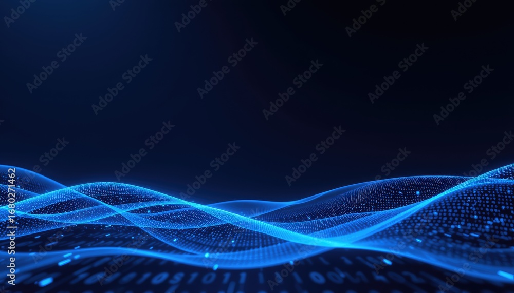 Poster futuristic digital waves with binary code in a dark background for technology and innovation concept