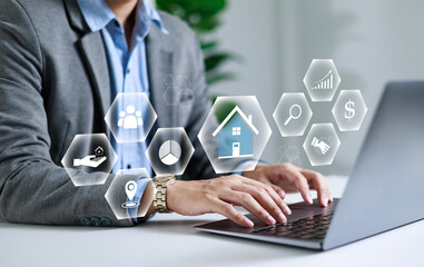 Businessman analyzing real estate data for mortgage and home insurance. Financial planning for real estate with market growth chart. Real estate investment concept.