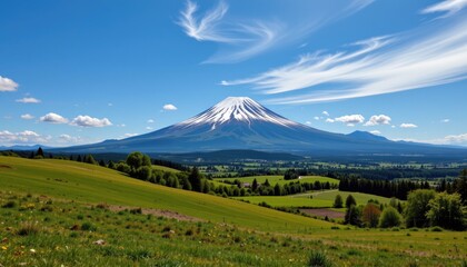 Fototapeta premium Majestic Mount Fuji Overlooking a Lush Green Landscape Under a Clear Blue Sky with Wispy Clouds
