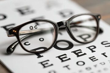 Eyeglasses resting on eye chart