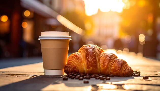 Coffee and croissant on a city street at sunset - Powered by Adobe