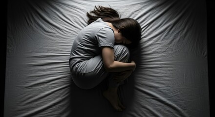 depressed young woman curled up in bed, feeling alone and sad
