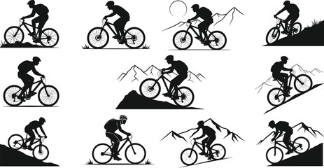 Mountain biking silhouettes, extreme sport cyclists, outdoor adventure riding, mountain trail biking, active lifestyle, nature exploration, fitness cycling, off-road biking icons © MDALRAFIN
