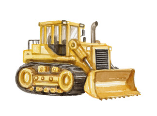 Hand painted watercolor yellow bulldozer isolated