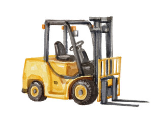 Watercolor yellow forklift isolated on white background