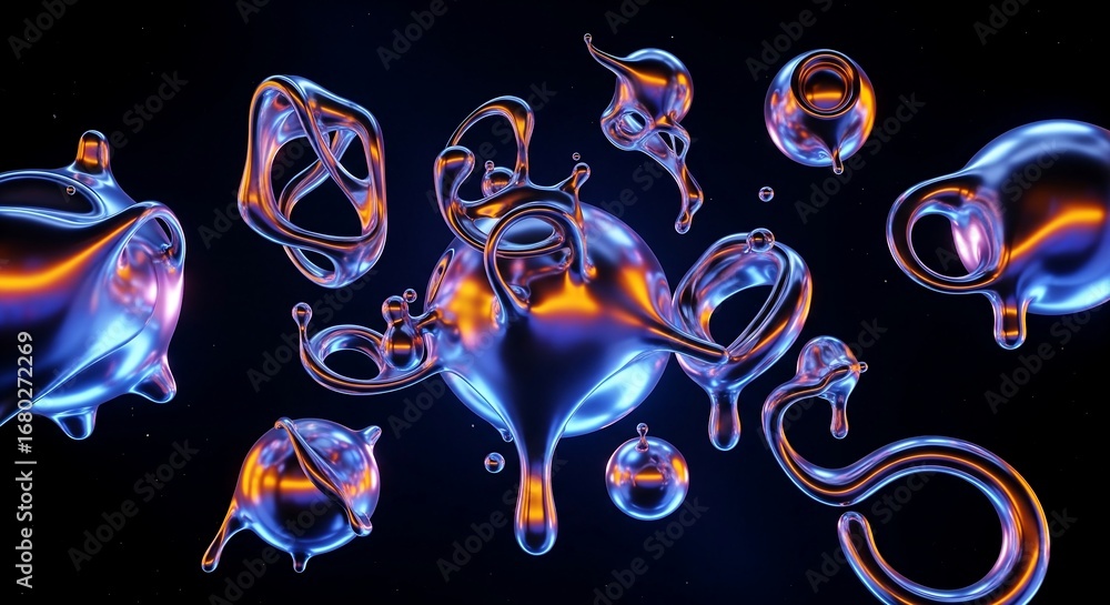 Aufkleber 3d render of abstract shiny metallic liquid forms and shapes with gradient light.