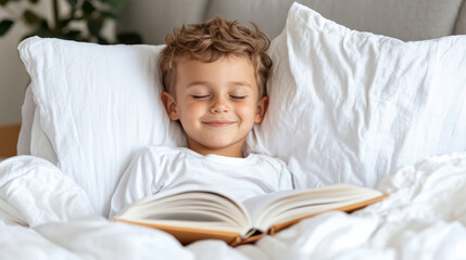 Cozy child reading storybook in bed, smiling with joy and comfort