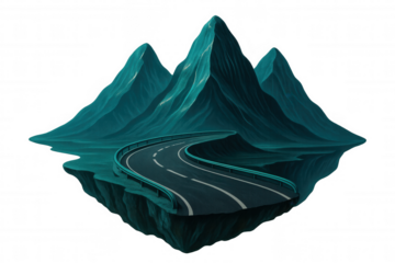 Winding road traversing teal mountain peaks on floating landmass, revealing dreamlike landscape against transparent backdrop