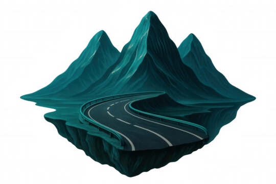 Winding road traversing teal mountain peaks on floating landmass, revealing dreamlike landscape against transparent backdrop