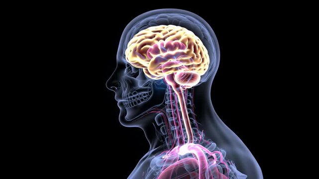 Detailed Anatomical Animation of a Human Brain with Skeletal and Organ Structure Illuminated Against a Black Backdrop Showcasing Central Nervous and Bodily Systems Medical Visualization