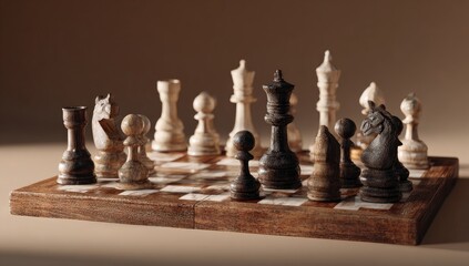 Fototapeta premium Chess pieces on a wooden board, a strategic game