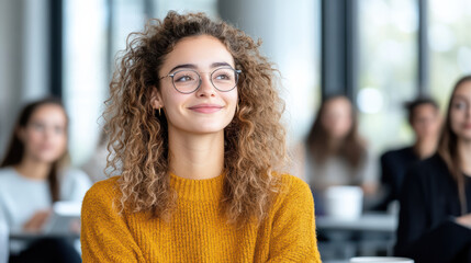 Smiling student with curly hair wearing glasses in classroom setting, engaged and attentive