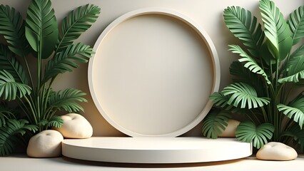 A mockup stage design. A transparent circle, minimal mockup stage surrounded by green tropical leaves, natural stone and cream color 