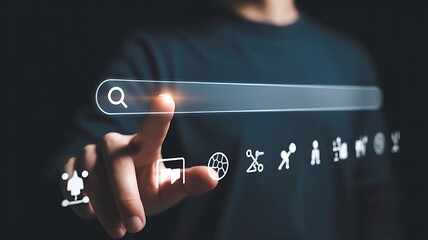 Finger touching search bar with icons technology