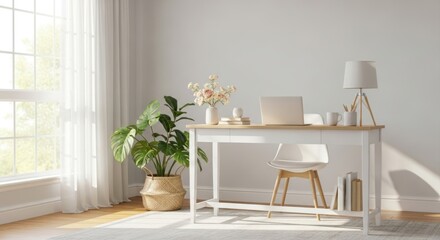 Obraz premium Bright and Minimalist Home Office with Modern Desk, Laptop, and Green Plant by a Sunny Window, Featuring Scandinavian-Inspired Decor and Natural Light