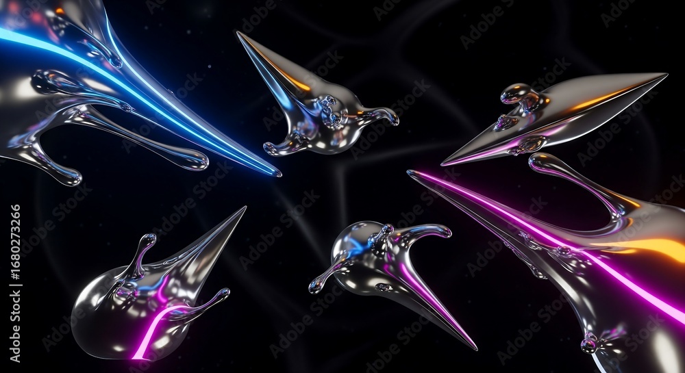 Poster abstract chrome fluid objects with neon lights.