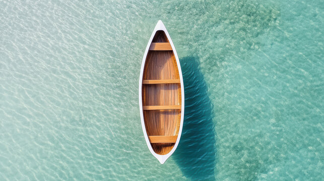 Aerial view of canoe floating clear turquoise waters, showcasing its elegant design and natural