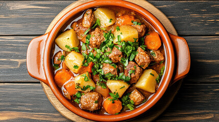 Hearty stew with meat, root vegetables, and fresh herbs in clay pot