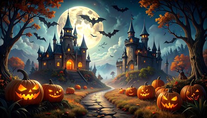 Halloween castle scene at night