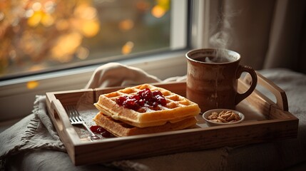 Fototapeta premium Autumn Breakfast Tray with Waffles, Cranberry Compote, and Tea