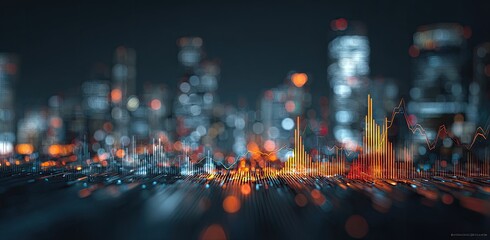 Abstract cityscape, overlaid with data visualizations, bokeh effect