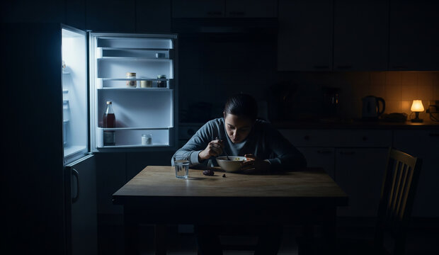 A man sits alone at a kitchen table late at night, his face illuminated by the light of an open refrigerator as he eats from a bowl, a scene of solitude and late-night snacking.