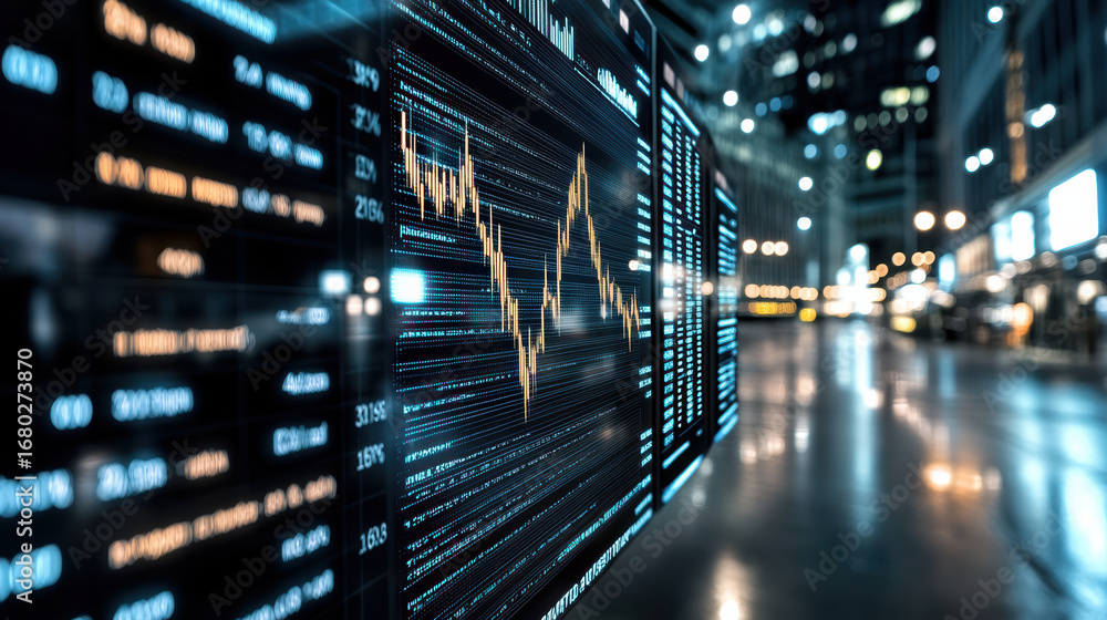 Poster Digital chart displaying financial data trends and market analysis in modern urban setting