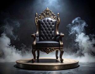 Ornate black throne on a circular platform, dramatic lighting