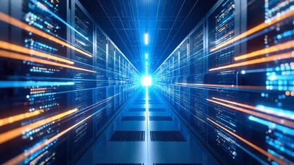 Futuristic data center server room corridor with data streams and light tunnel effect, technology - Powered by Adobe